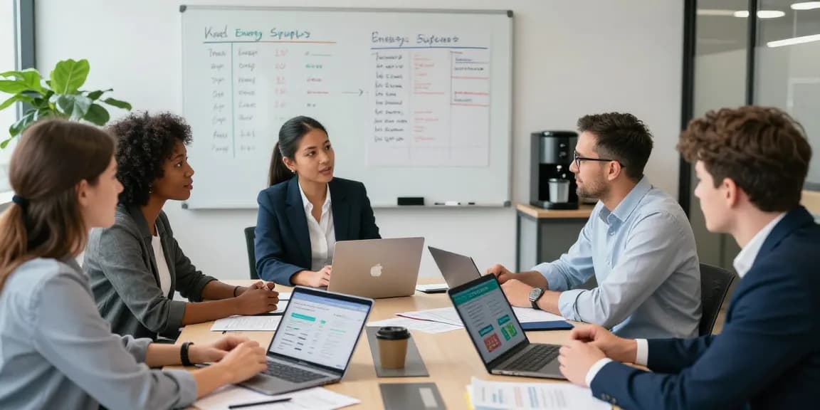 Diverse team discussing british gas business gas options in modern office setting.