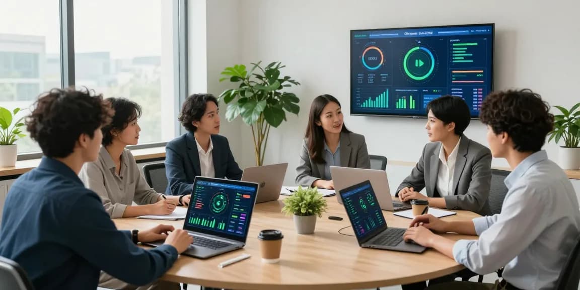 Team strategizing multi site business energy management in a modern office with digital dashboards.