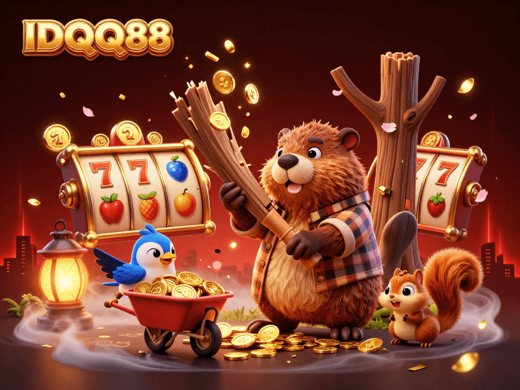 IDQQ88 showcases a vibrant casino scene with cartoon characters collecting golden coins and slot elements