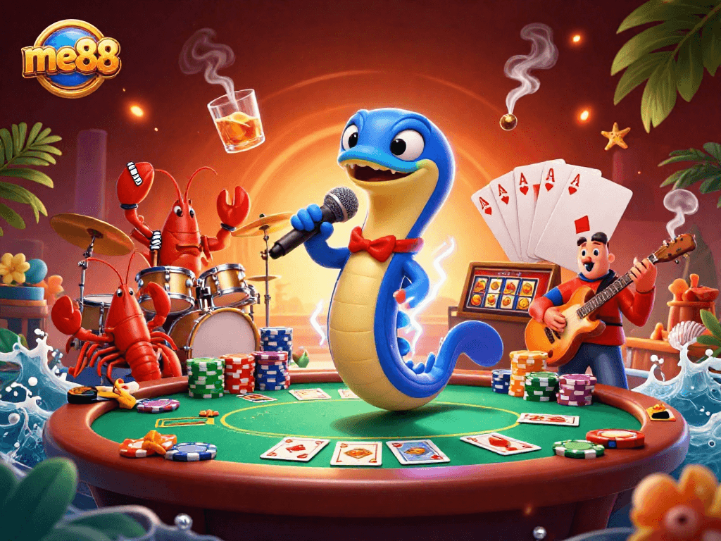 Experience exciting live casino action with me88's vibrant 3D underwater scene featuring unique characters and gaming elements.