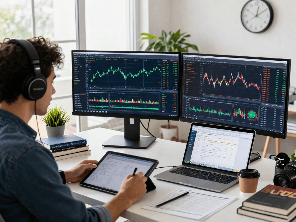 Usuario monitoreando el mercado de criptomonedas en su oficina moderna con la plataforma Immediate Edge.
