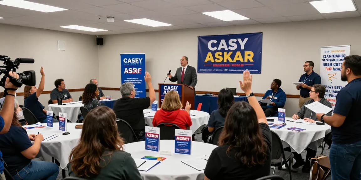 Casey Askar speaking at a town hall meeting, highlighting community concerns.