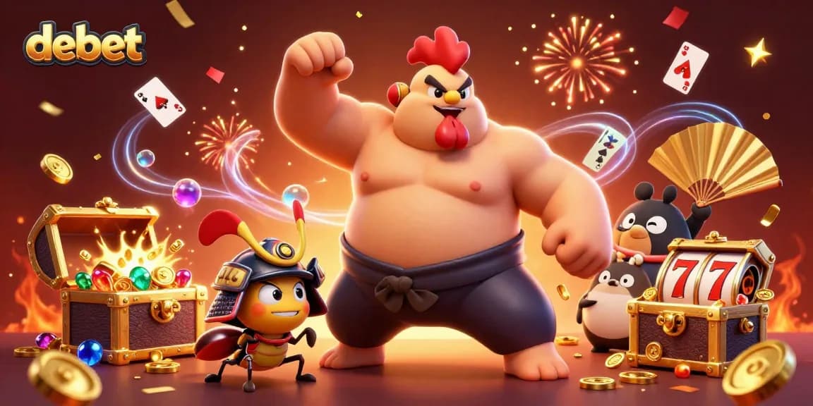 Experience debet's thrilling casino action with a dynamic illustration of a sumo wrestler and samurai cricket.