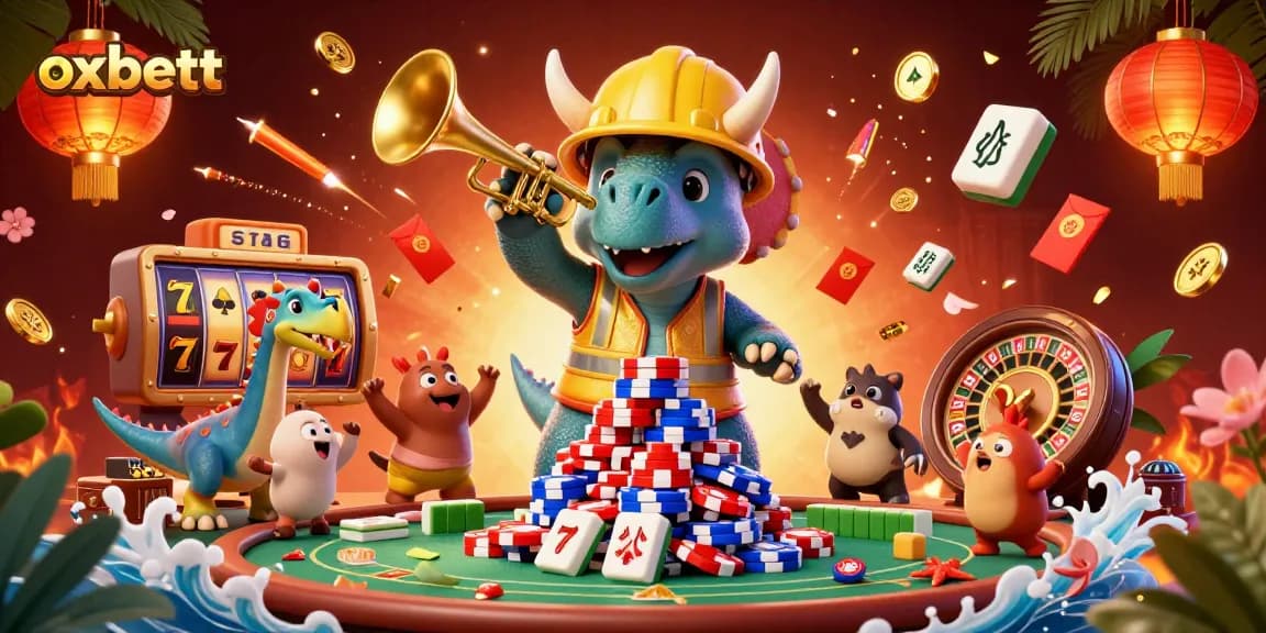 Experience the thrill of gaming with oxbett's vibrant 3D casino scene featuring iconic characters and game elements.