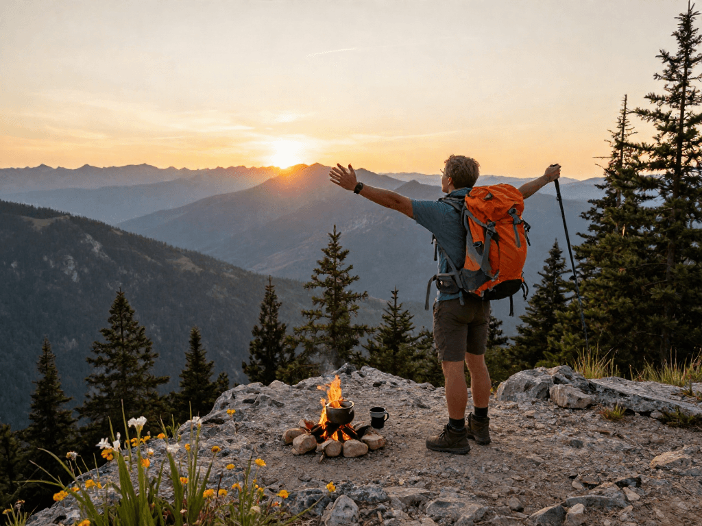 Traveler enjoying the breathtaking view at a rokok88 link cliff edge during sunset, capturing the spirit of adventure.