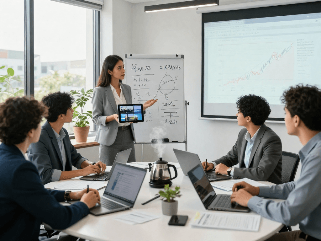 Dynamic corporate strategy meeting focused on XPAY33 in a modern office.