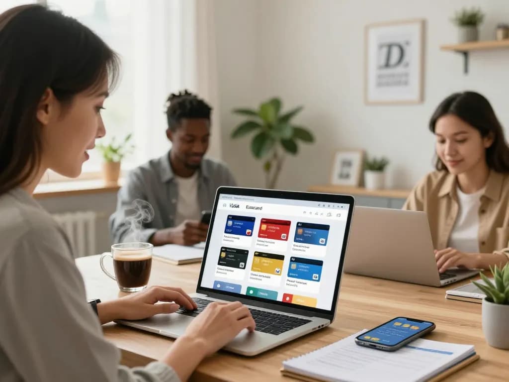 Woman purchasing Ezzocard virtual prepaid cards from a cozy home office.