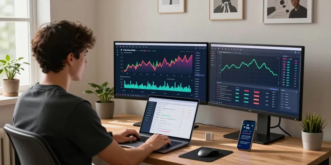 User engaging with the Kyber-Swap interface in a modern home office, showcasing a productive DeFi trading environment.