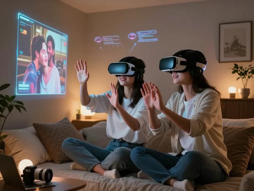 Couple using VR headsets to explore AI sex experiences in intimate setting.
