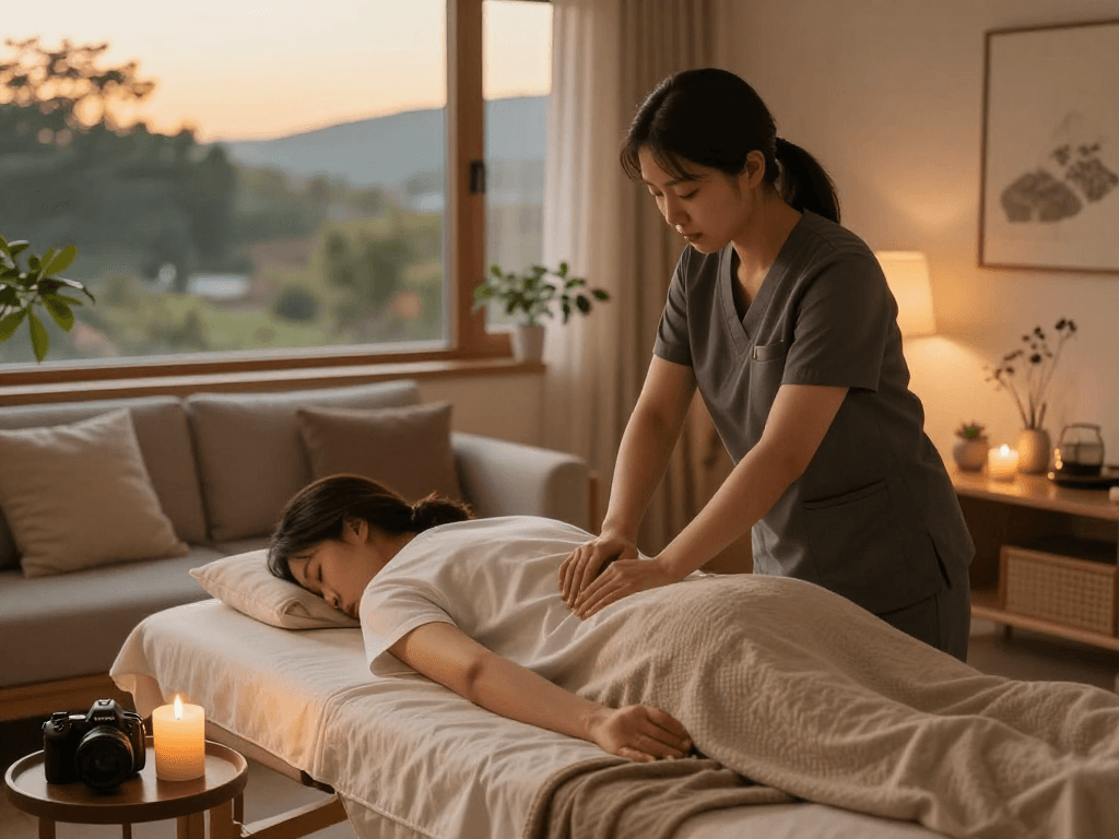 Relaxing 강남출장마사지 scene with a professional therapist at home, calming atmosphere with essential oils and soft lighting.