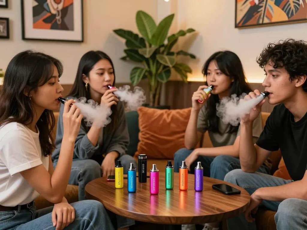 Enjoying Clean Carts Disposable with friends in a cozy lounge setting, showcasing vibrant flavors and a warm atmosphere.
