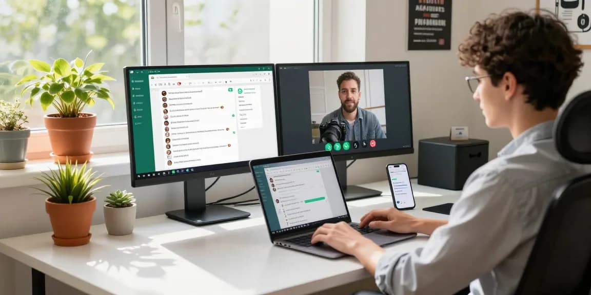 User engaging with WhatsApp電腦版 on laptop in bright home office, reflecting modern remote work setup.