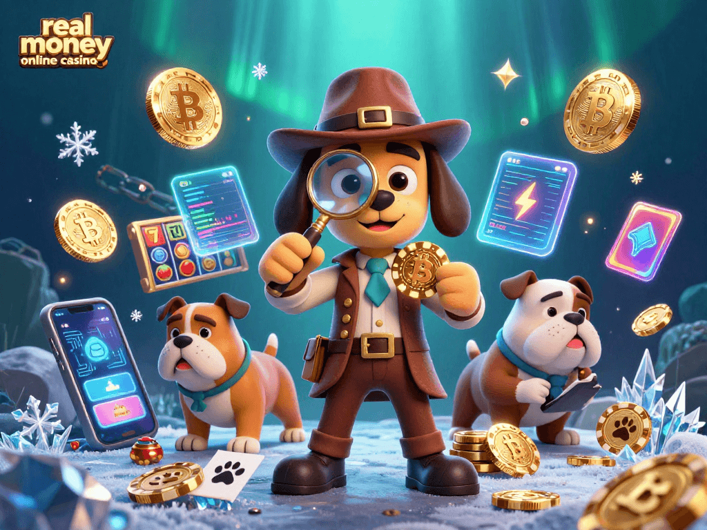 Uncover thrilling real money online casinos with a detective and clues in a vibrant 3D scene.