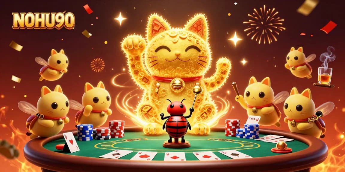 Experience thrilling wins with NOHU90 in a vibrant casino-themed illustration.