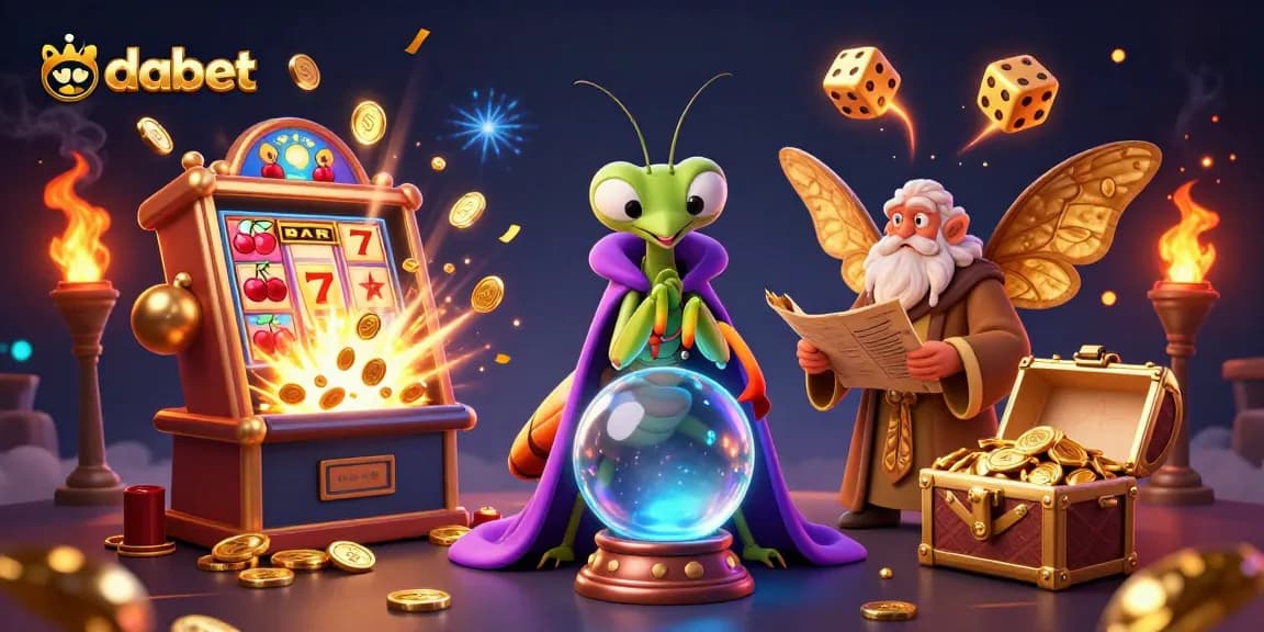 Engage with dabet's vibrant casino scene featuring a mystical fortune teller, epic slots, and life-like casino elements.