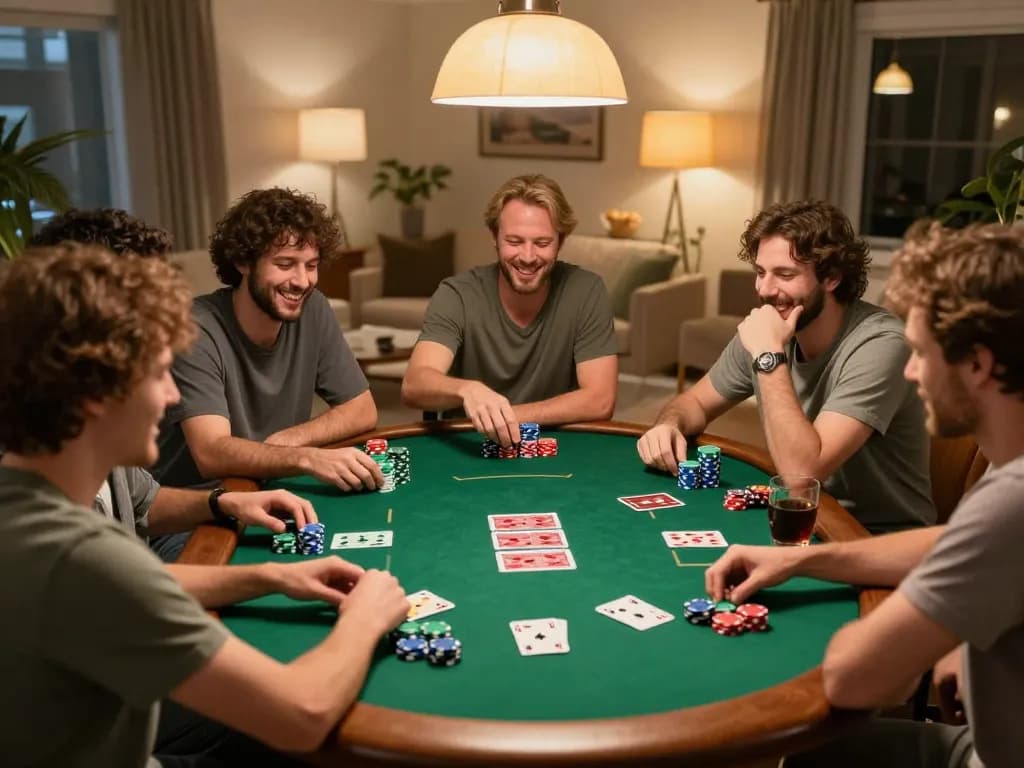 Exciting home poker night showcasing best online casinos in Canada with friends playing cards.