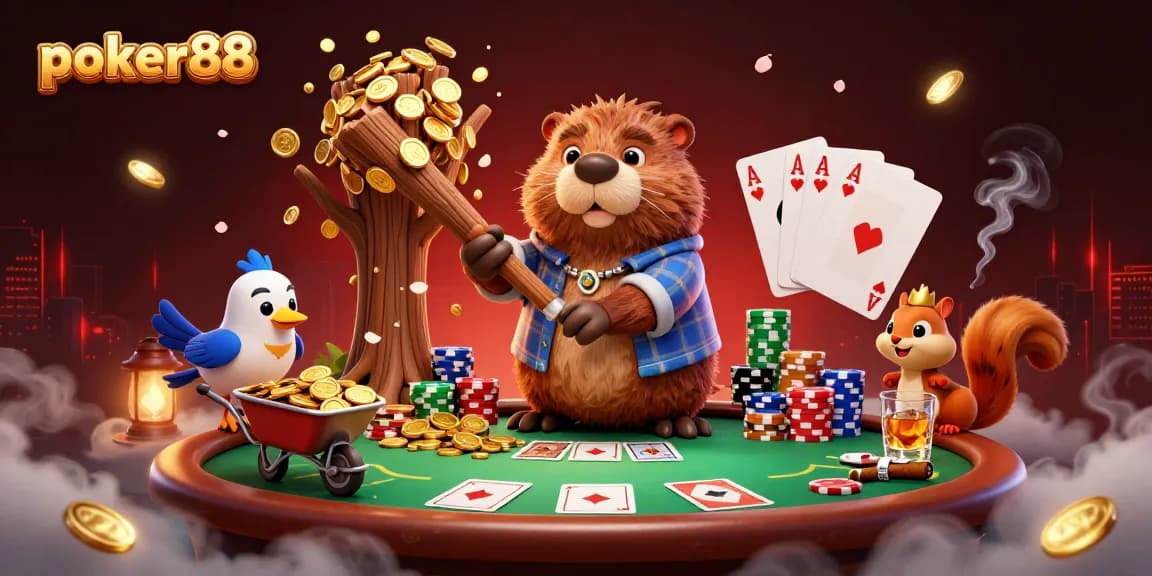 Engaging poker88 scene with vibrant characters and casino elements showcasing golden coins raining down.
