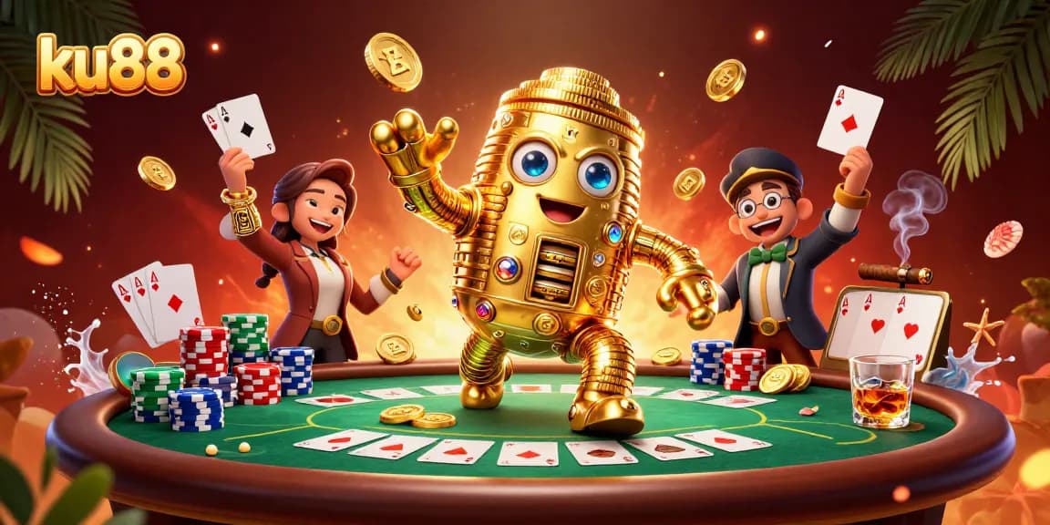 Engage with ku88's vibrant casino scene featuring a golden golem and poker elements.