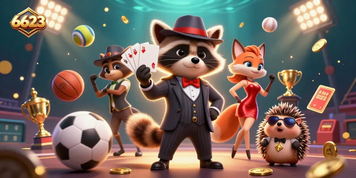 Engage in thrilling bets with 6623 through dynamic 3D casino illustration featuring raccoon and fox.