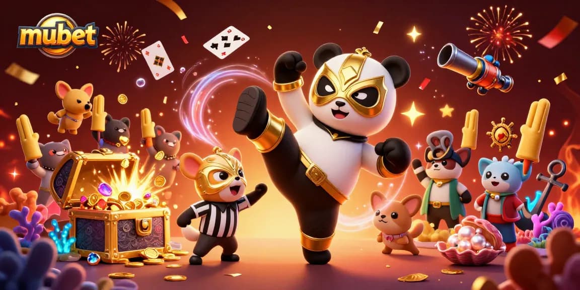 Experience thrilling moments with mubet as a panda wrestler kicks high while animals cheer in a vibrant casino scene.