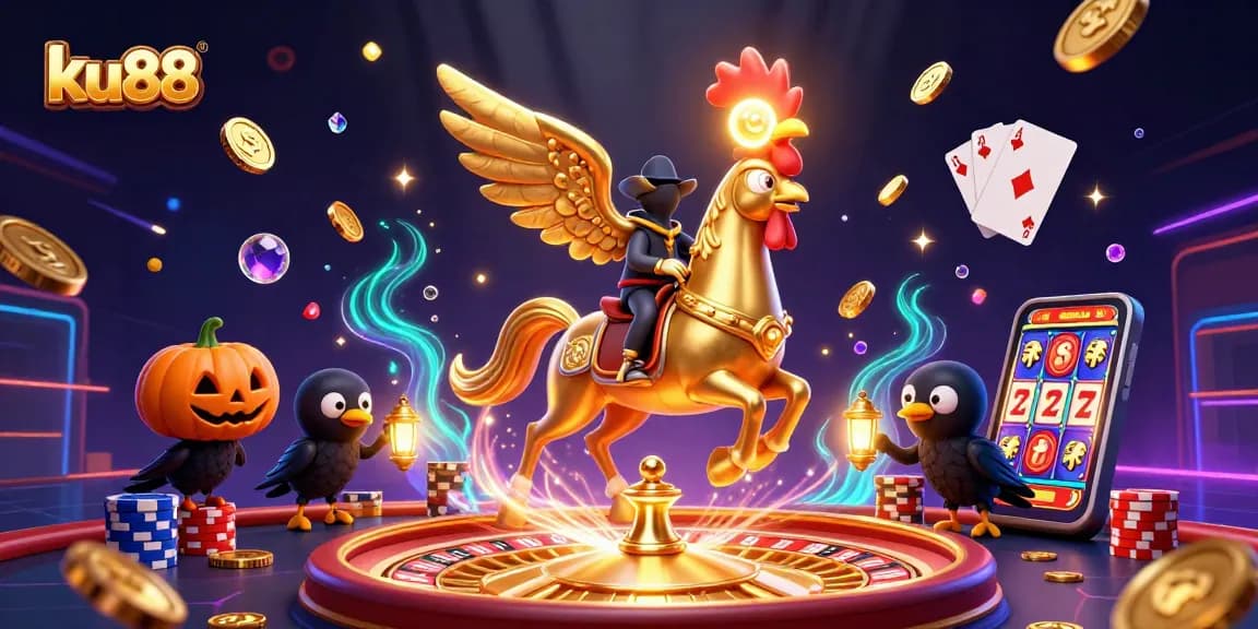 ku88 brings luck and thrill with a golden rooster riding through a vibrant casino scene.