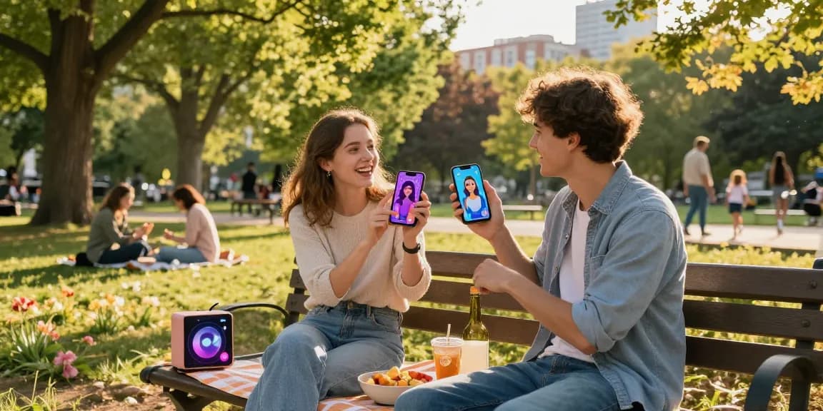 Couple interacting with their ai gf in a lively park setting, showcasing modern tech in a joyful moment.