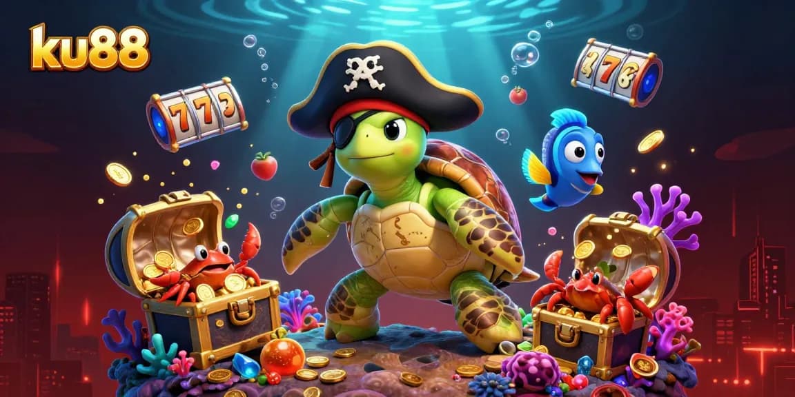 ku88 showcases an exciting underwater casino scene with pirate characters, treasure, and slot elements.