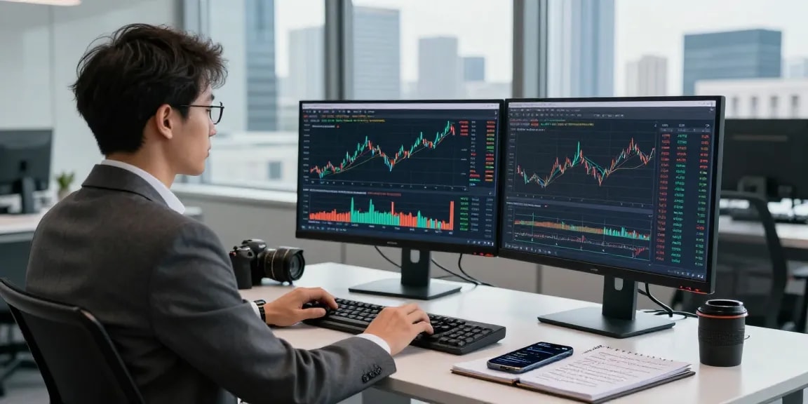 Real-time Frankfurt exchange data feed displayed on monitors in a finance workspace.