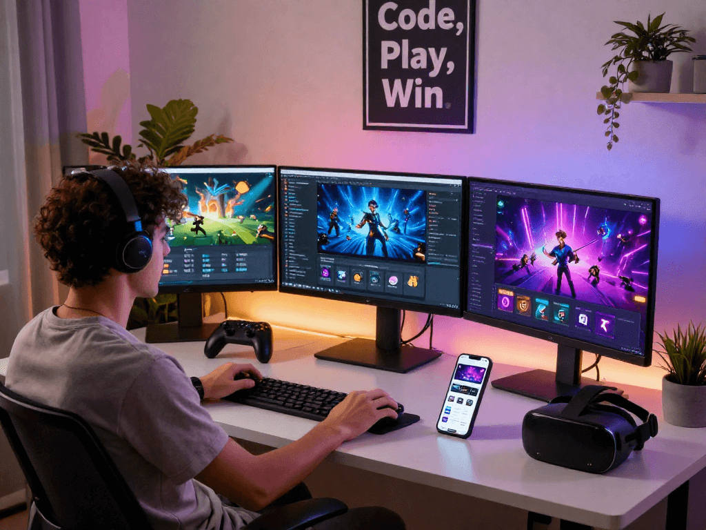Gambling app development workspace showcasing http://oxbet-app.com with vibrant game graphics and coding setup.