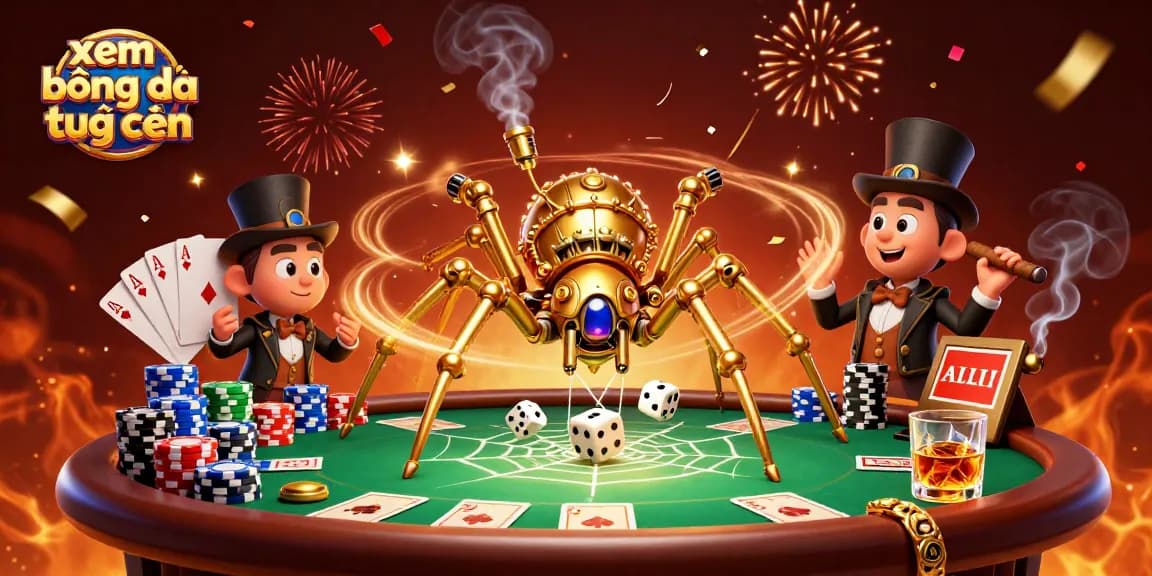 Experience xem bóng đá trực tuyến in a vibrant 3D scene with steampunk elements and poker excitement.