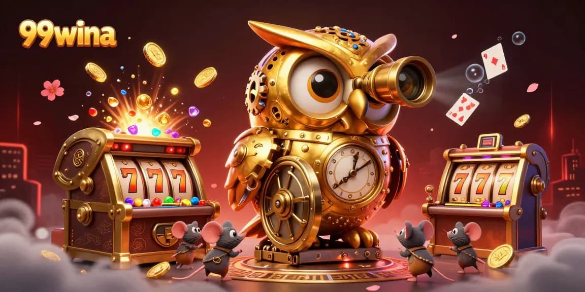 Engage in exciting gameplay at 99wina, featuring a golden owl overseeing vibrant slot machines and treasures.