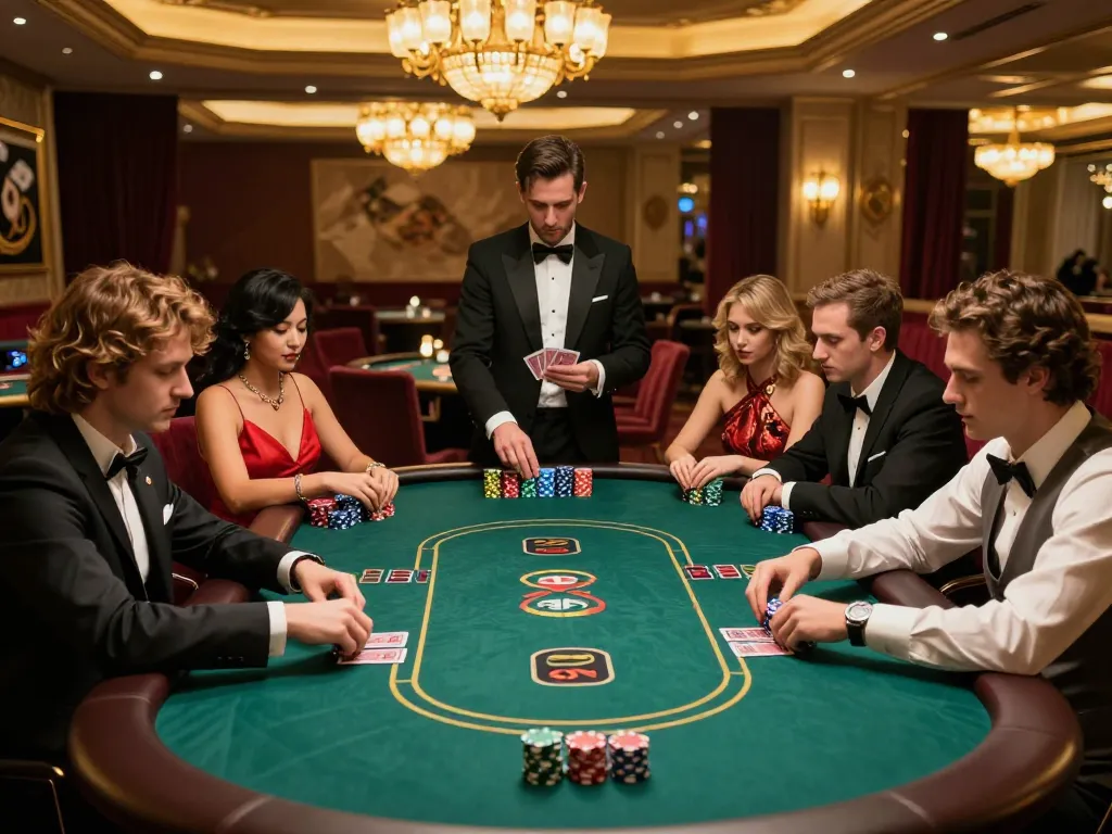 RR88 players strategizing in an upscale poker game with warm lighting and elegant decor