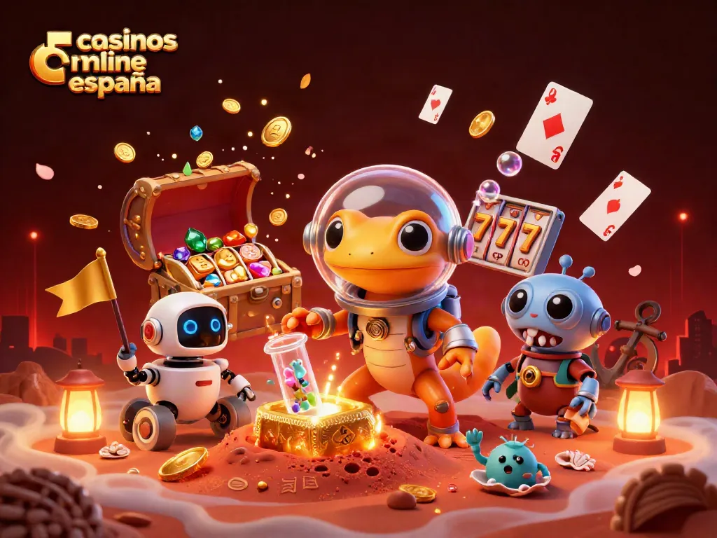 Juega y gana en casinos online España con esta vibrante ilustración 3D de un gecko y un robot en un casino