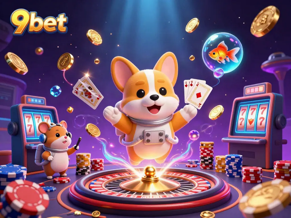 Experience thrilling wins at 9bet with a vibrant cosmic casino featuring astronauts, floating coins, and roulette!