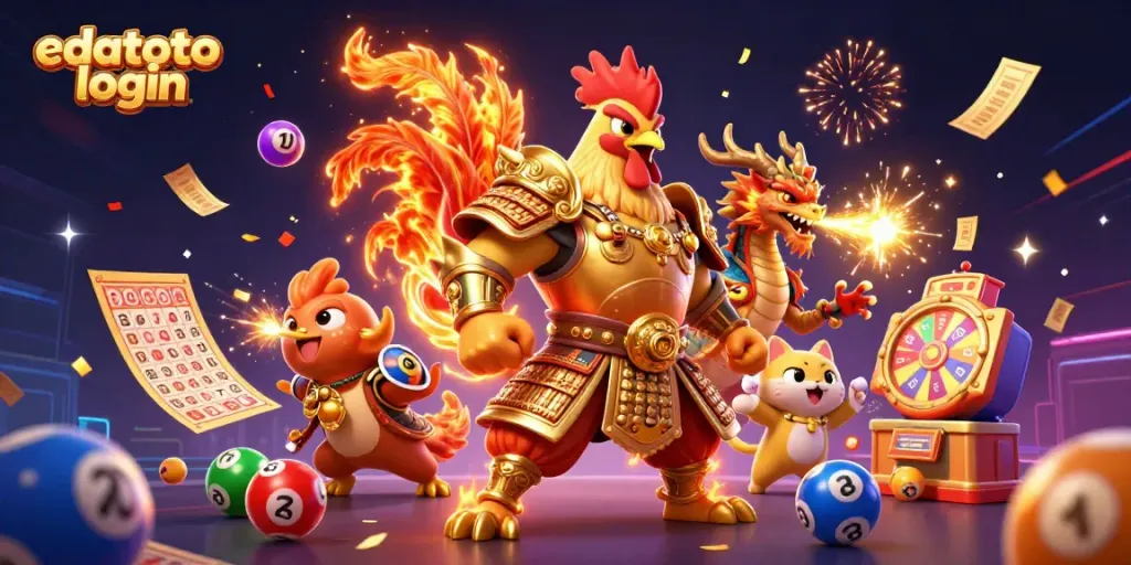 Experience intense gameplay with edatoto login as a golden-armored rooster warrior and dragon hatchling ignite the action in this vibrant scene.
