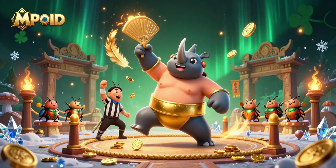 MPOID engages players with thrilling casino action featuring a heroic beetle champion amid flying coins and vibrant game elements.