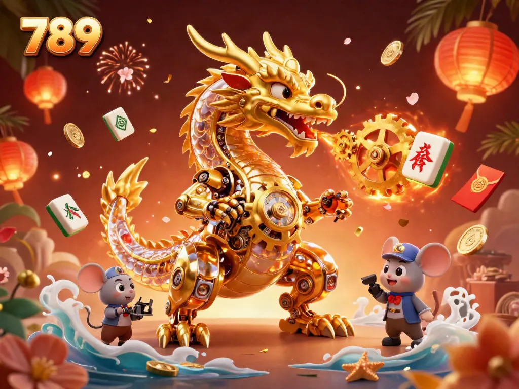 Engage with 789 in this vibrant casino scene featuring a biomechanical dragon, showcasing dynamic game elements.