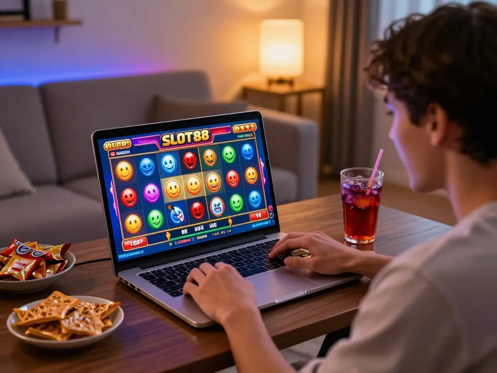 SLOT88 online gaming excitement with player enjoying a vibrant game session in modern home setup