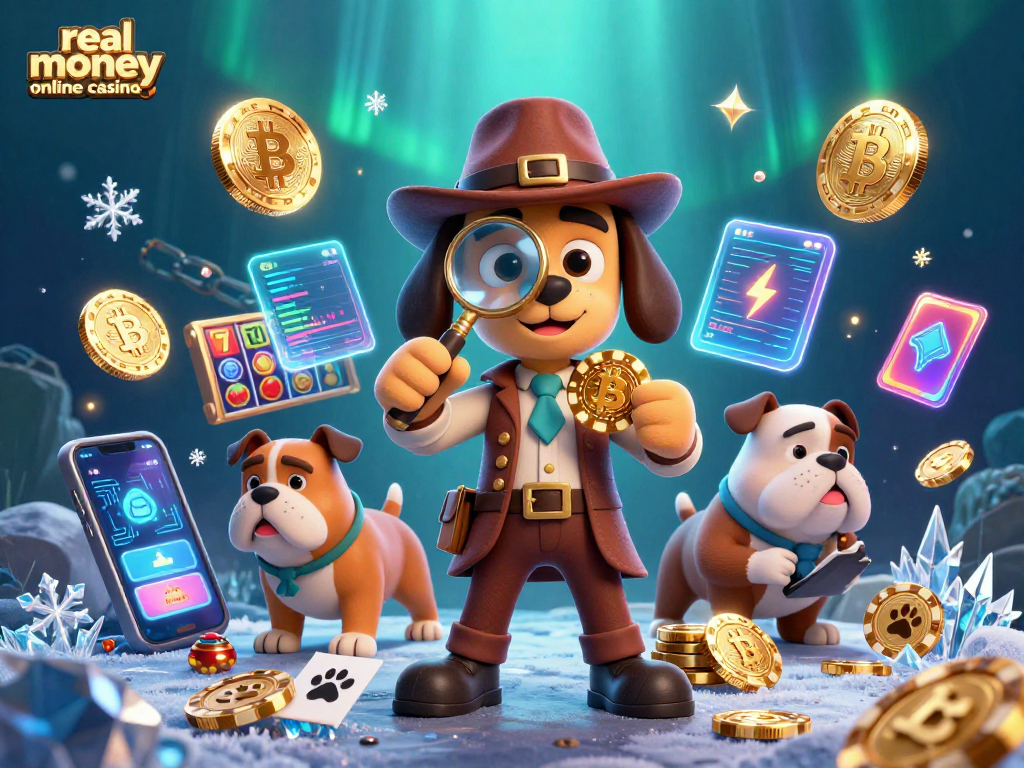 Uncover thrilling real money online casinos with a detective and clues in a vibrant 3D scene.