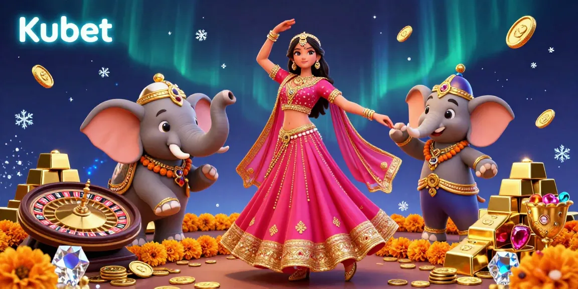 Kubet showcases a lively 3D casino scene featuring a dancer and a bejeweled elephant amidst vibrant gold treasures.