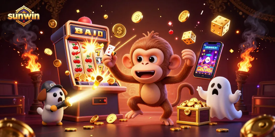 Experience thrilling gameplay at sunwin with a vibrant scene featuring a playful casino monkey and treasures.