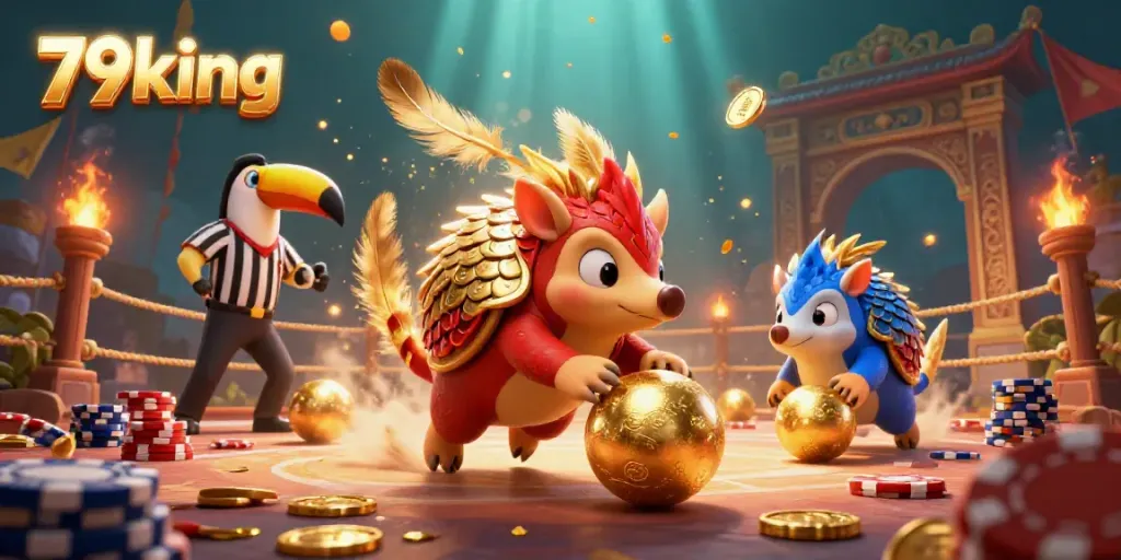Experience thrilling moments at 79king with dynamic pangolins bowling through poker chips in a vibrant casino scene.
