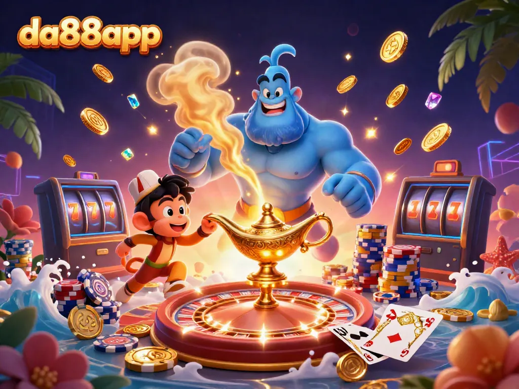 Engage with da88app's vibrant online casino atmosphere featuring a genie, monkey, and magic carpet loaded with chips.