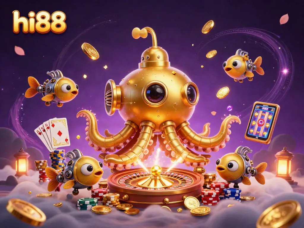 Join the excitement at hi88 as the golden kraken submarine rises amidst a cascade of casino riches.