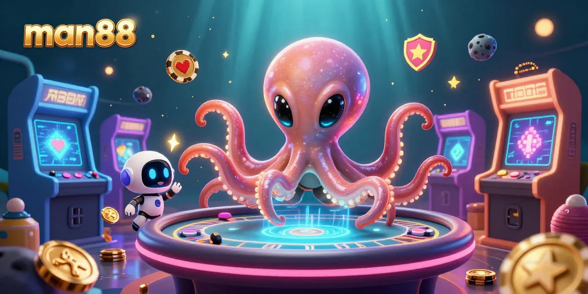 man88 alien octopus at a holographic poker table amidst vibrant casino elements