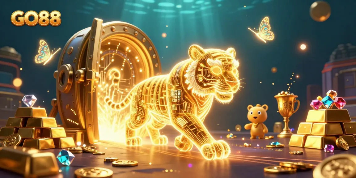 Experience the excitement of GO88 as the golden tiger navigates a vibrant digital casino landscape.