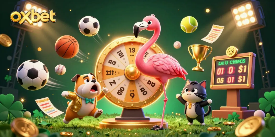 Experience the excitement of oxbet with a vibrant 3D scene featuring a flamingo host, bulldog contestant, and dynamic sports elements.