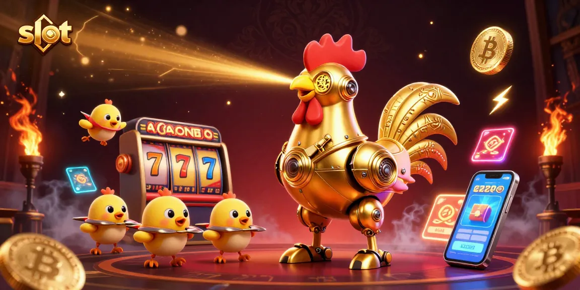 Spin the slot reels with a vibrant scene featuring a futuristic golden rooster robot and glowing cryptocurrencies.