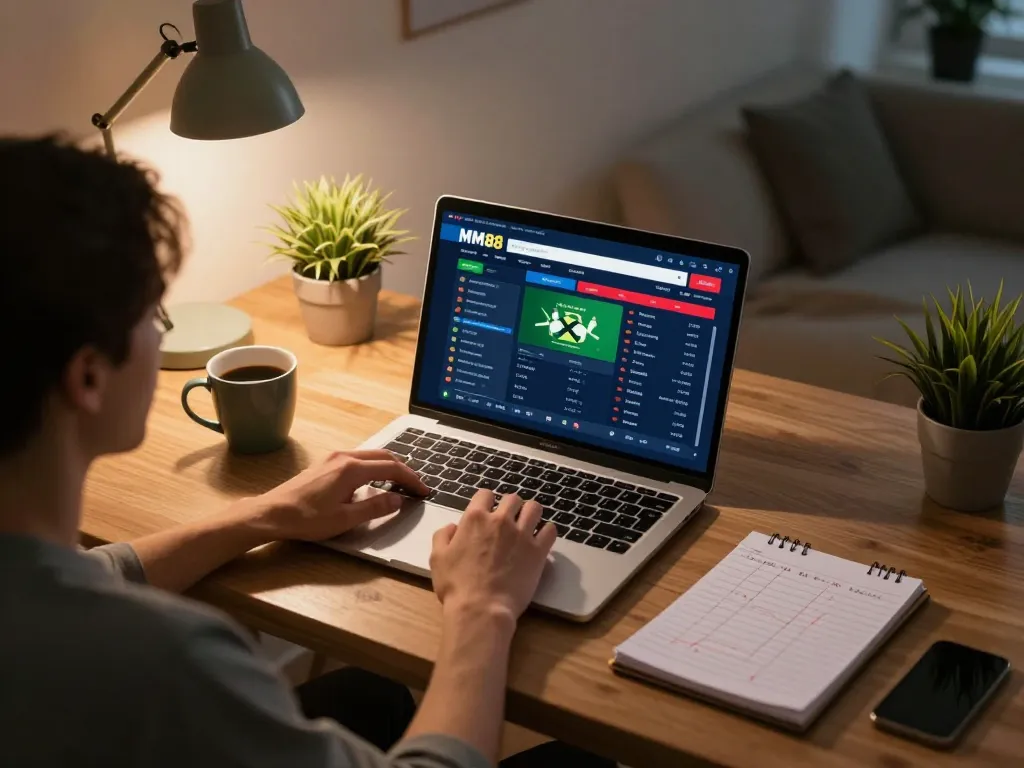 Engaging in sports betting on MM88 platform with laptop, showcasing strategic gameplay