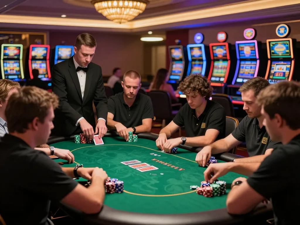 KJC poker players engaging in strategic gameplay under vibrant lighting at a bustling casino table.